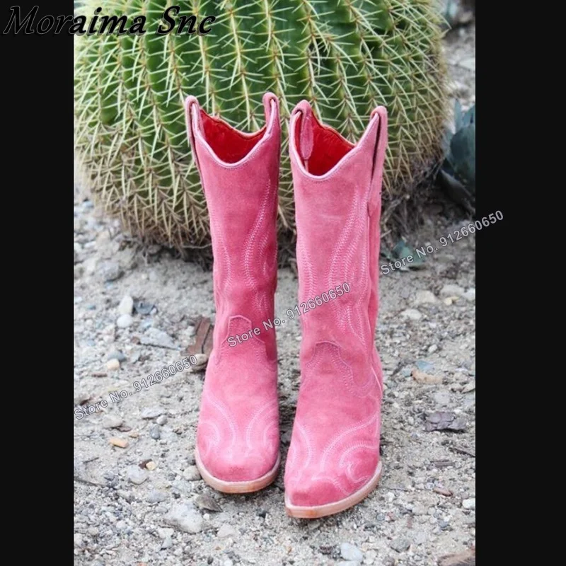 Moraima Snc Pink Solid Sewing Pleated Boots Women Slip on Mid Calf Boots Round Toe Stilettos High Heels Runway Shoes on Heels