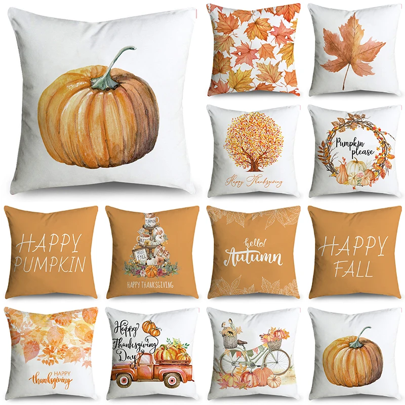 

Autumn Happy Thanksgiving Orange Pumpkin Maple Leave Throw Pillowcase Cushion Covers For Sofa Office Bedroom Decor Multiple Size