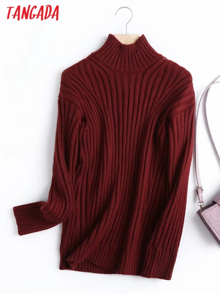 

Tangada 2022 высококачественный Женский красный шерстяной свитер с высоким воротом вязаный джемпер женские элегантные пуловеры 6D62