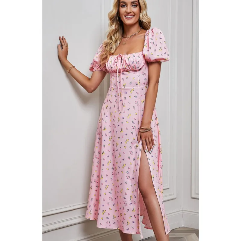 

Женское платье с квадратным вырезом и цветочным принтом, темпераментный Модный пуловер, высокая талия, пузырчатый рукав, шнуровочный ремень, разрез на груди, летняя Новинка