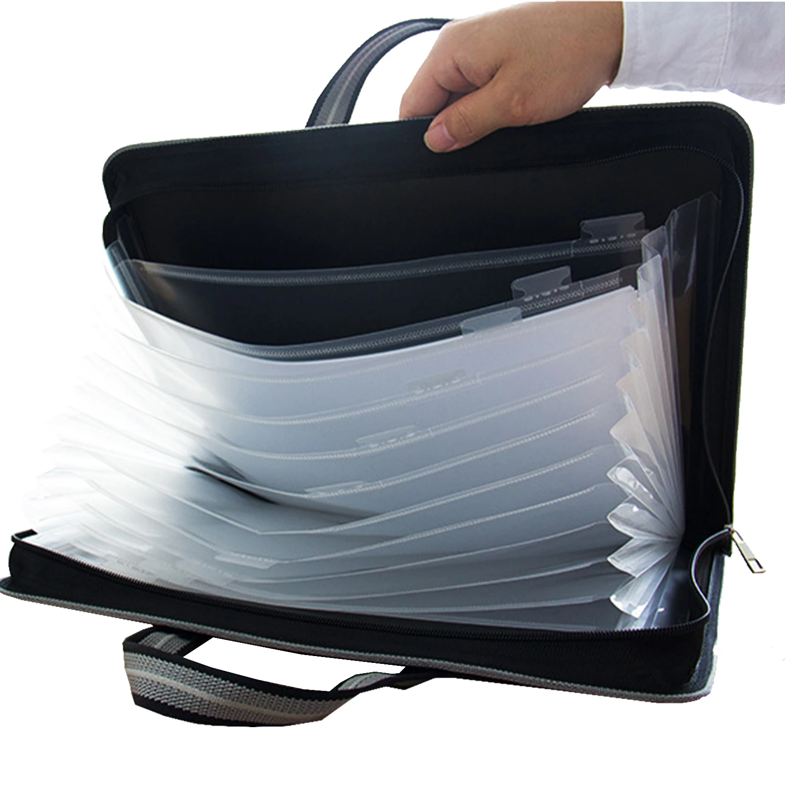 

12 Pockets Office Closure Expanding Security Bag Black File Folder Durable Accordion Document Organiser Waterproof With Handle