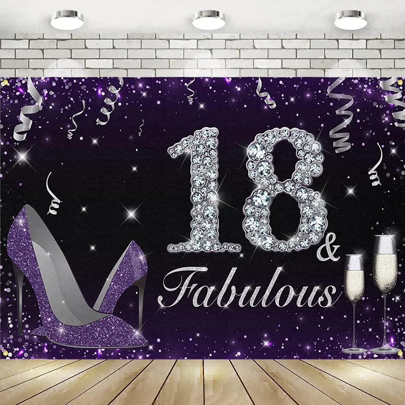 

Happy 18th Birthday Banner Photography Backdrop Fabulous Heels Birthday Decorations Party Supplies For Girls Purple Poster