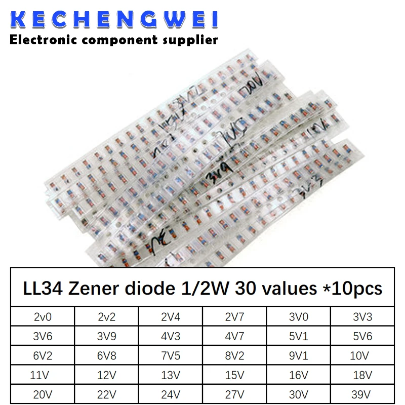 

LL34 SMD Zener diode package 1/2W 2v-39v 30 values *10pcs=300pcs Assorted Kit