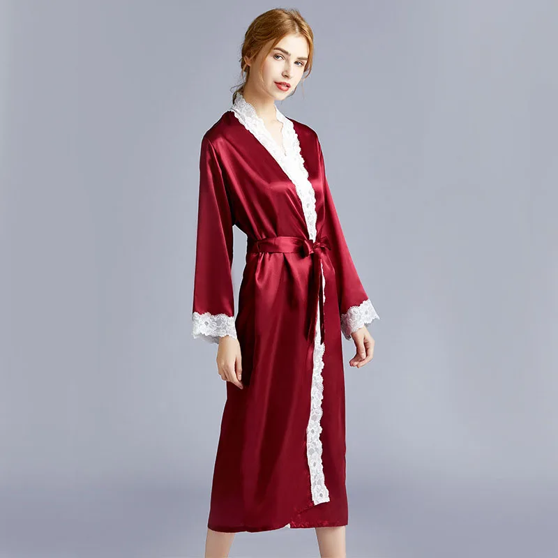Women Satin Silk Sleep Dress Long Sleeve Lace Maxi Dress Robe Pajamas