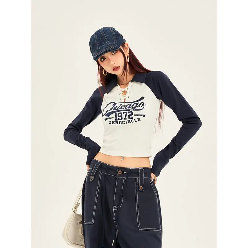 

Футболка Hikigawa женская с отложным воротником, повседневный модный топ контрастных цветов, Облегающая рубашка с длинным рукавом, лето 2023