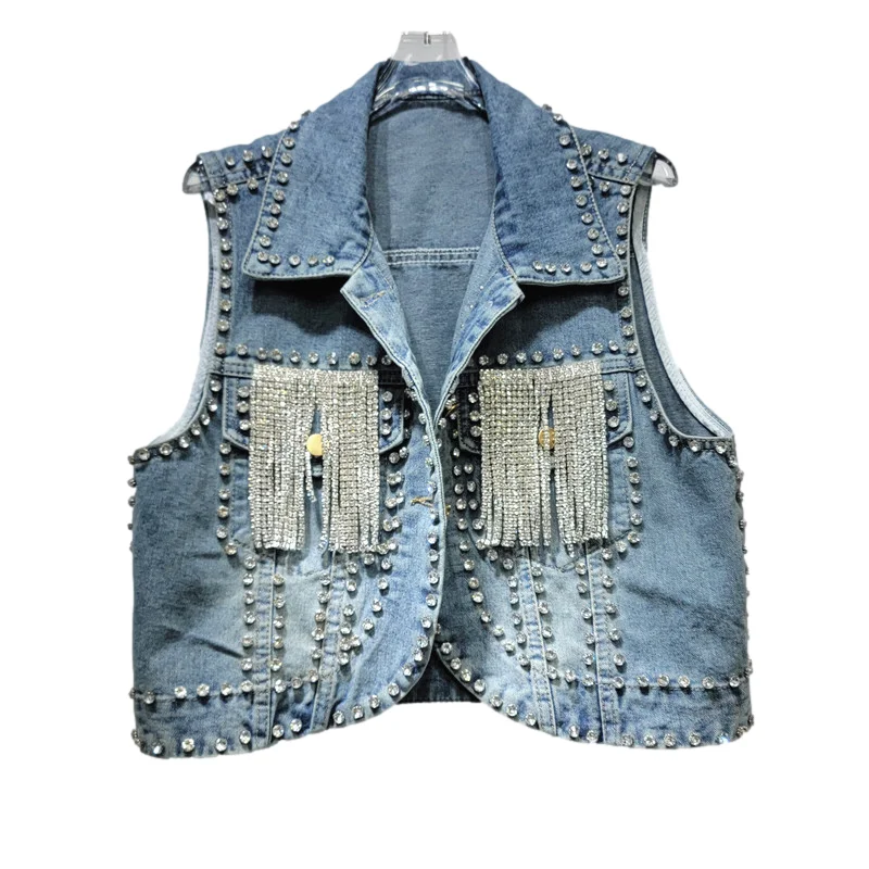 

Vintage Blue Diamonds Tassels Denim Vest Women Spring Summer Slim Short Cowboy Waistcoat Casual Sleeveless Jeans Jacket Female