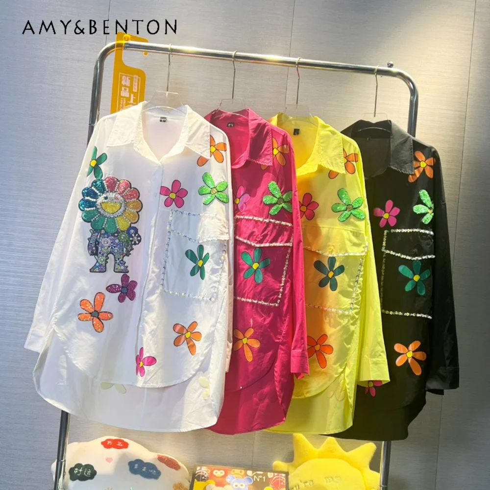 

Европейский стиль, Новинка лета 2023, изысканная женская рубашка в западном стиле конфетных цветов, женские свободные топы средней длины с блестками, блузка