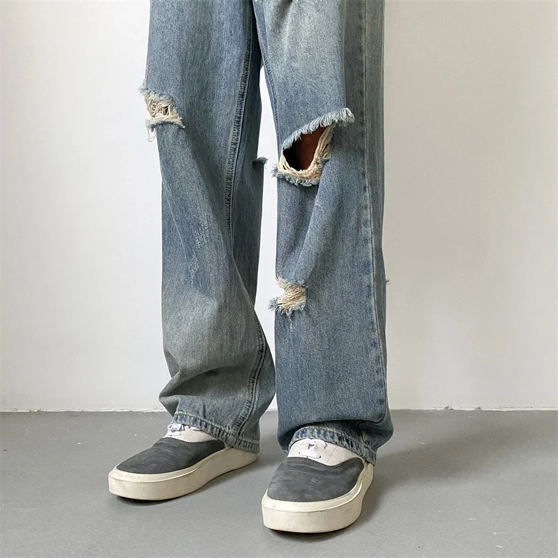 Summer Blue Baggy Jeans Men Fashion Casual Ripped Straight Jeans Men Streetwear Hip Hop Loose HoleDenim Pants Mens Trousers