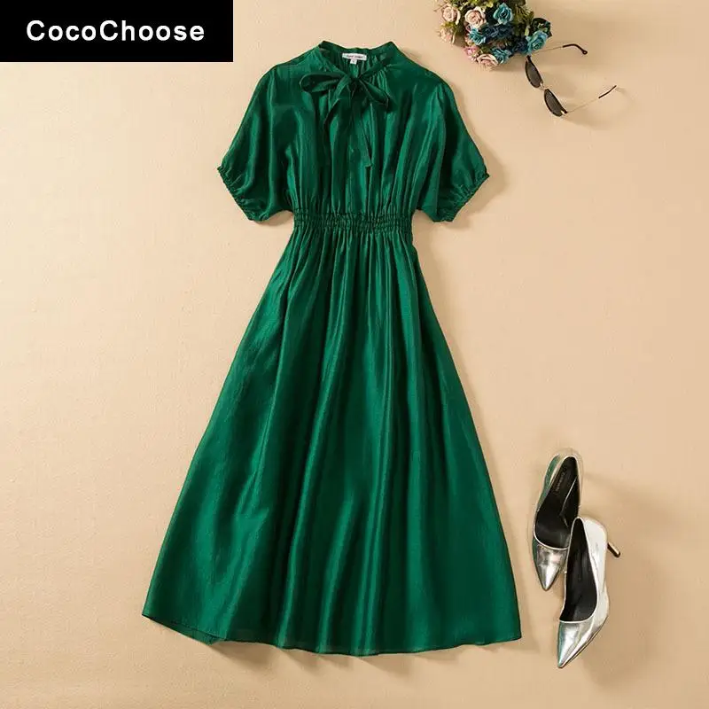 

Elegant Women Midi Dresses Summer 2022 Fashion Designer Short Batwing Sleeve Bow Tie Elastic Waist Midi Smocked Dresses Green