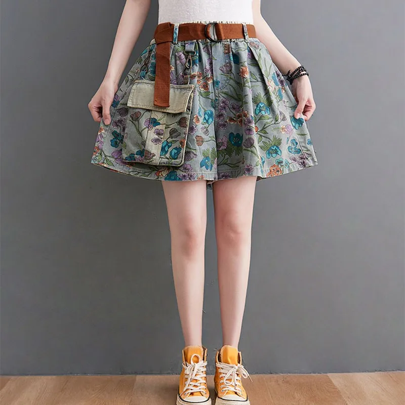 2021 Fashion Streetwear Floral Print Elastic Waist Loose Women Summer Casual Jeans Shorts Female Patchwork Pocket Denim Shorts