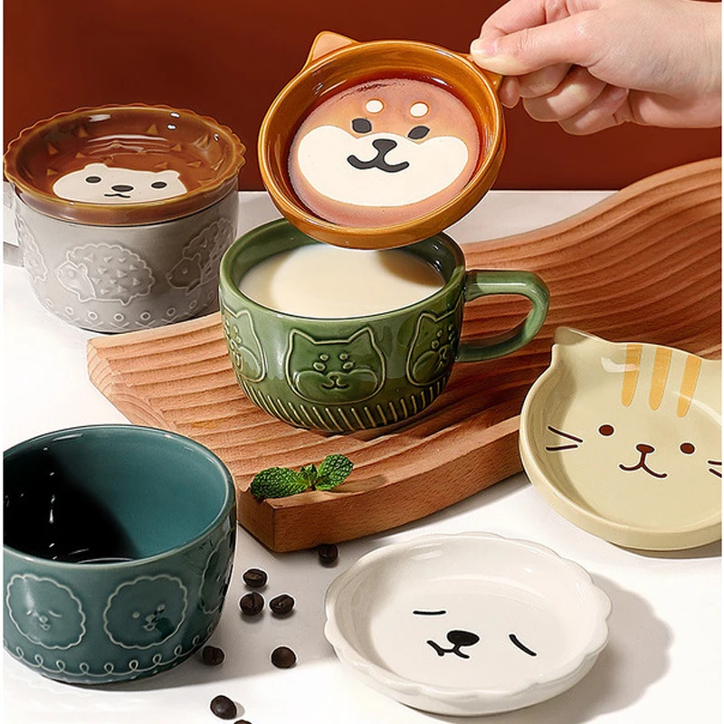 

300ml Cartoon Animal Ceramic Mug With Lid Breakfast Oatmeal Cup And Saucer Milk Coffee Mug Microwave Oven Safe Home Drinkware