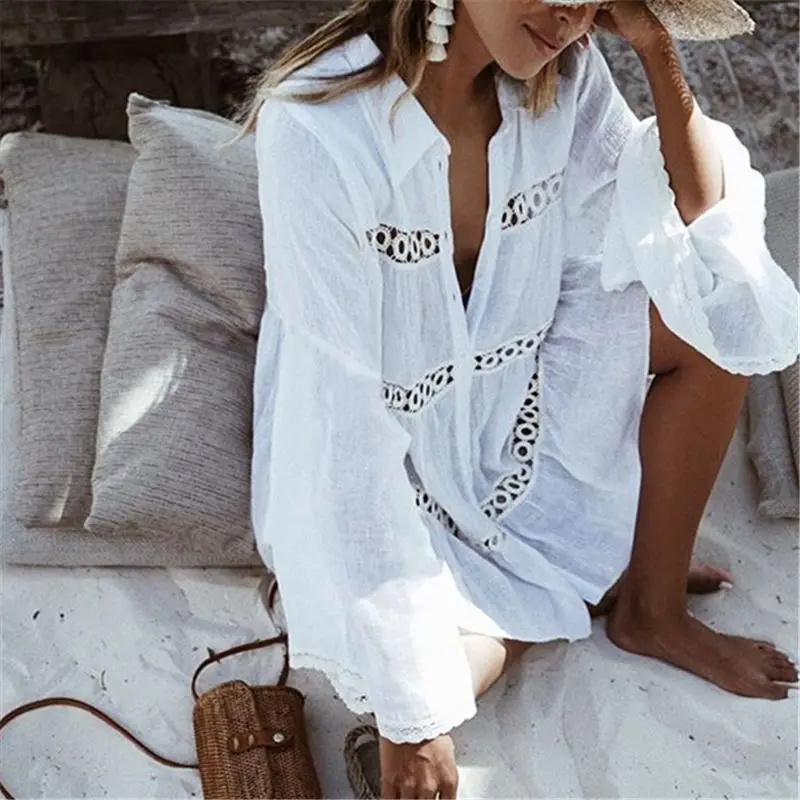 

Summer Sexy Women Beachwear Cover-Ups White Hollow Out Long Sleeve Turn-Down Collar Bikini Tops Blouses Swimwear