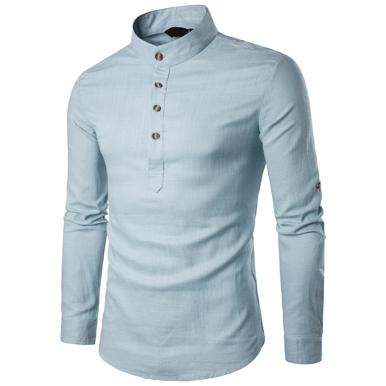 

New Casual Fashion European Size Youth Solid Color Long Sleeve Stand Collar Linen Pullover Solid Color Men's Shirt