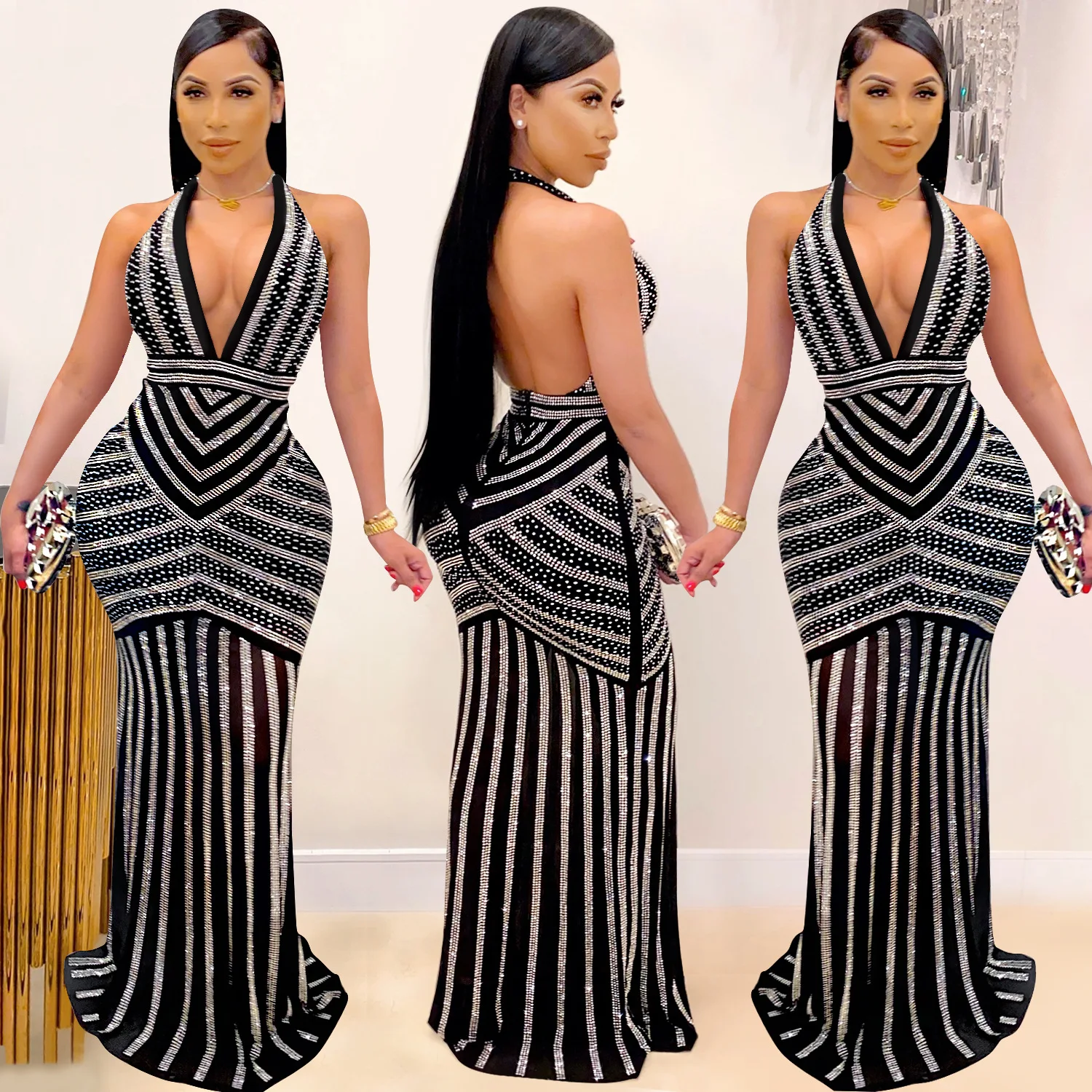 

Fashion Women's Evening Party Dress Sexy Deep V-neck Sleeveless Skirts With Iron Diamond Perspective Dresses For Women Vestidos