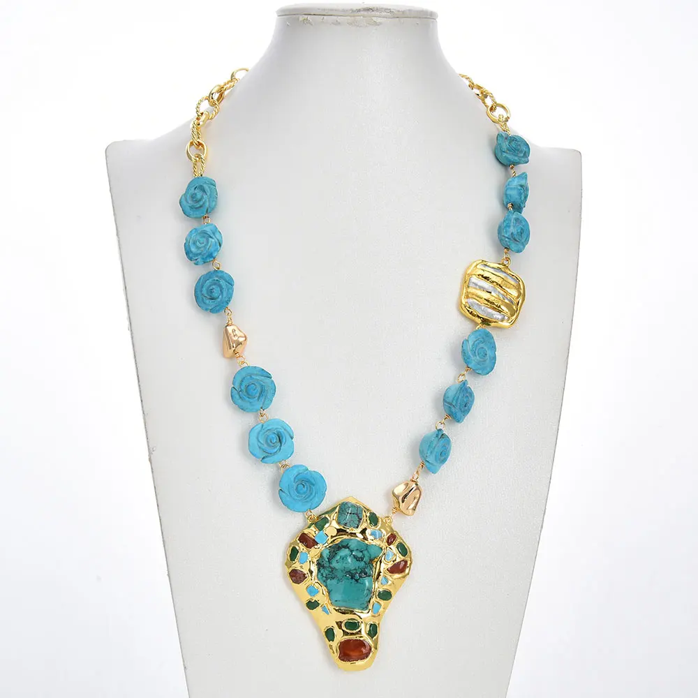 

GG Jewelry Blue Turquoise Flower Electroplated Edged White Biwa Pearl Chain Necklace Turquoise Jades Paved Pendant