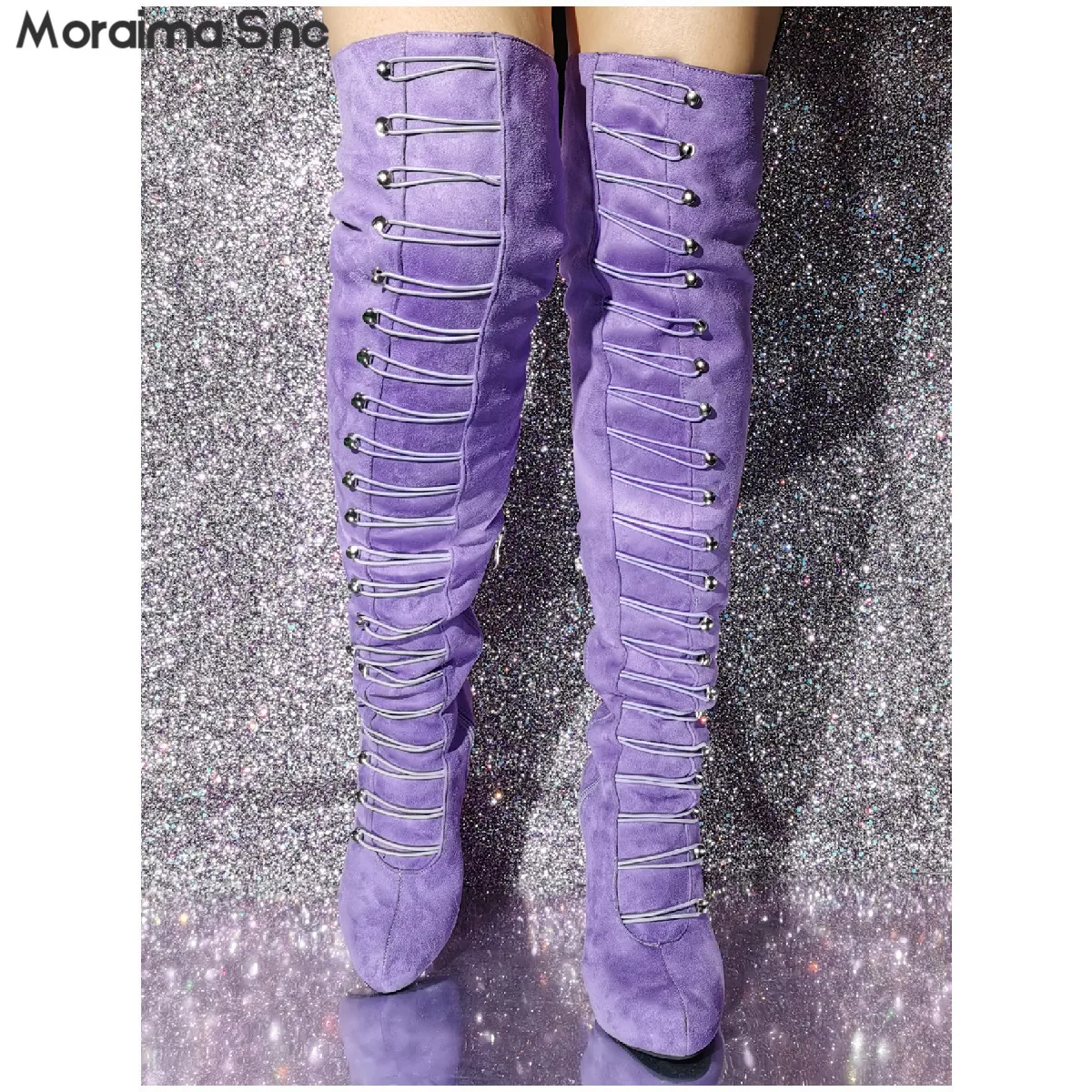 Purple Mountaineering Buckle Round Head Boots Catwalk Style Stiletto Heels Large Size Women's Boots Sexy Over-The-Knee Boots