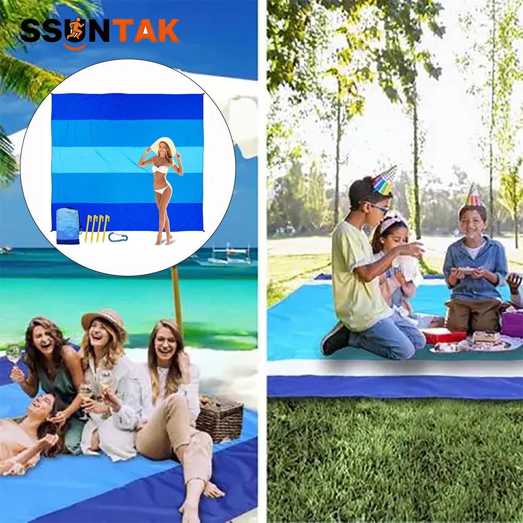 Фото Пляжный коврик SSUNTAK Large Sand Free Beach Mat Color Block из ткани Оксфорд рипстоп с колышками, складной, защищающий от песка, для пляжа и морского побережья №1