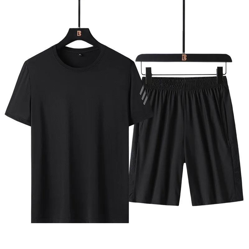 Summer New Men's Casual Ice Silk Set Loose T-shirt Short Sleeve+Shorts Two Piece Set for Middle and Youth Fitness and Sports