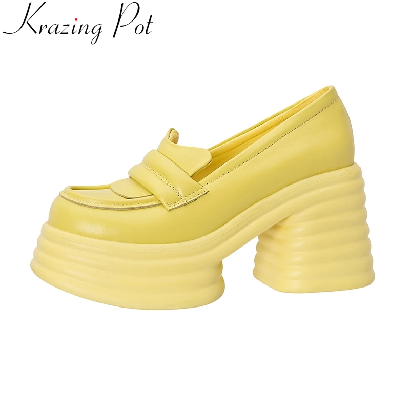 

Krazing Pot Cow Leather Super Heel Slip On Colorful Autumn Summer Shoes Thick Bottom Loafers Concise Casual Elegant Women Pumps