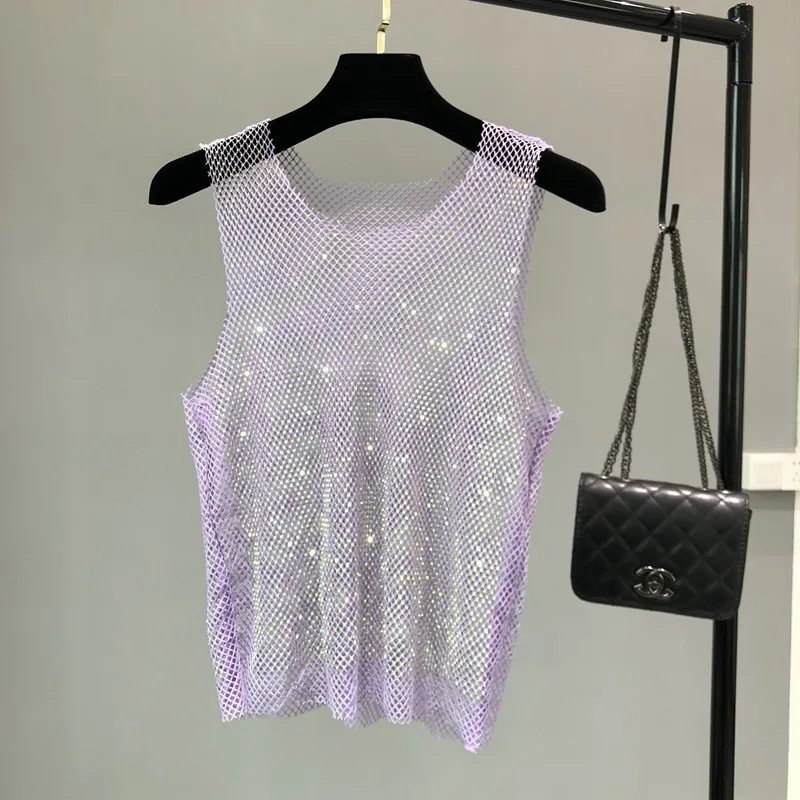 

Women Crystal Beading Rhinestone Shiny Sexy Y2K Tank Top High Quality Party Club Sexy Hollow Out Diamonds Stamping Camis Top