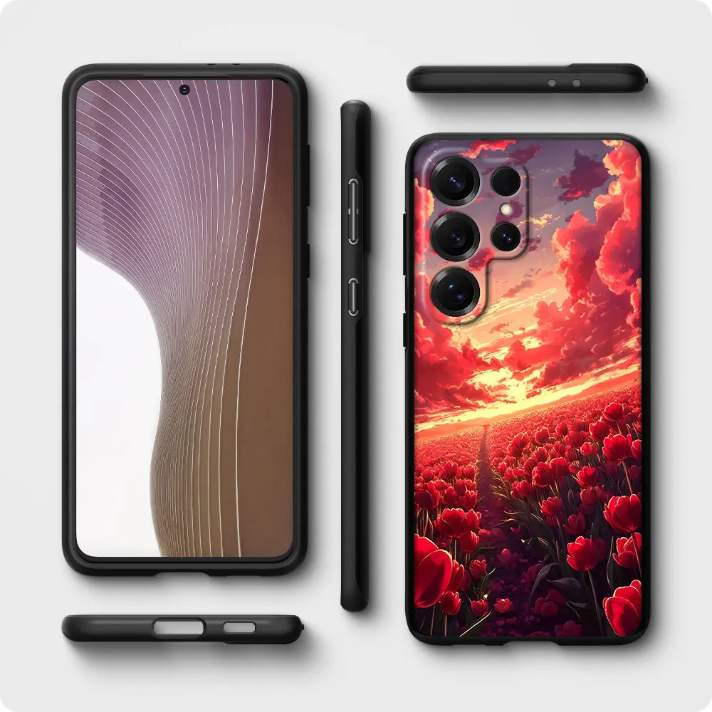 Фото Чехол для телефона Samsung Galaxy S25 S21 S24 S10 S23 S22 Ultra S20 FE S8 S9 Plus с цветочным узором и красными цветами, черный, из ТПУ №3