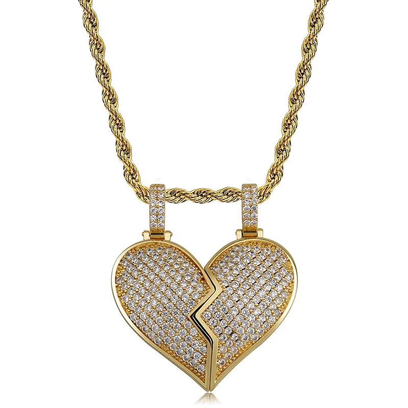 

Broken Heart Pendant Cubic Zirconia Pendants Necklaces Iced Out Hip Hop Gold Jewelry For Men Women Rapper