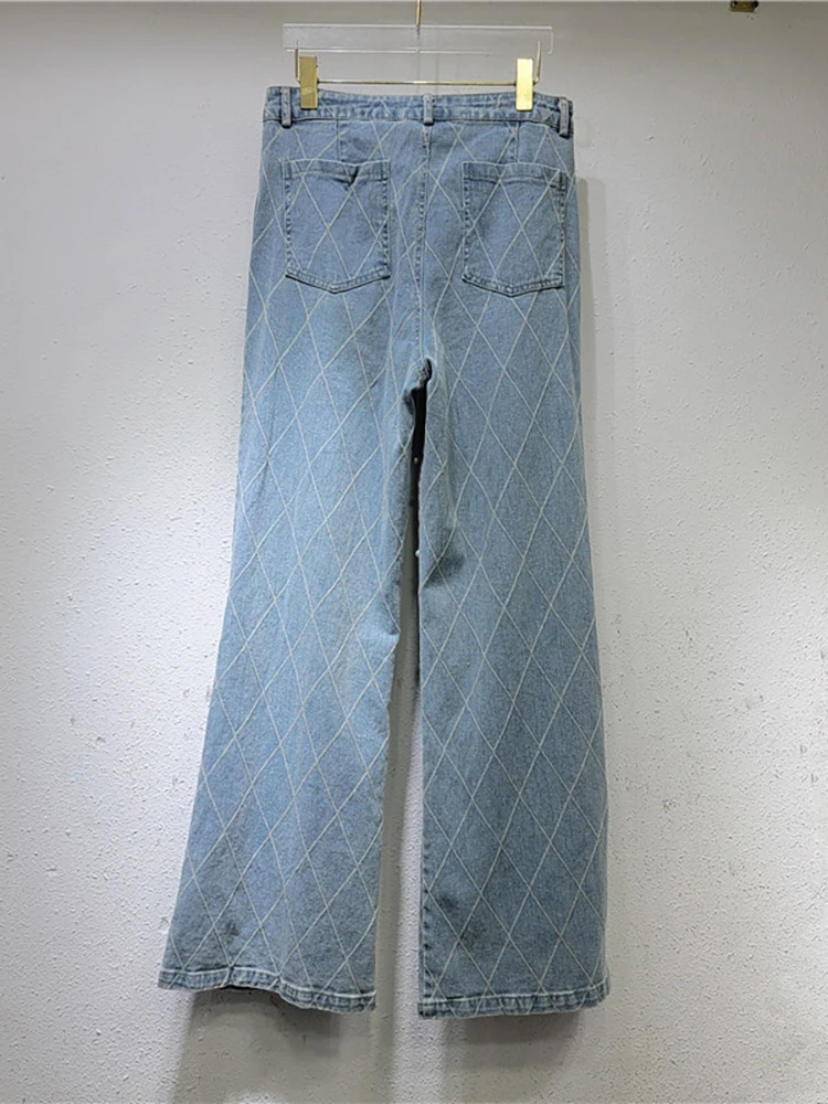 Женские джинсы с высокой талией DEAT прямые брюки из денима в клетку бусинами и