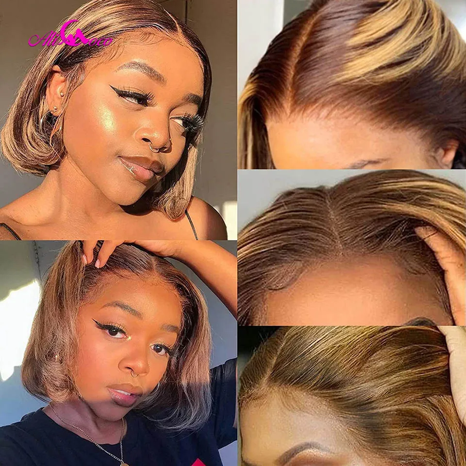 

Highlight Short Bob Human Hair Wigs 4x1 T Part Lace Wig Brazilian Wig Straight Cut Bob Wig Colored Blonde Human Hair Wigs