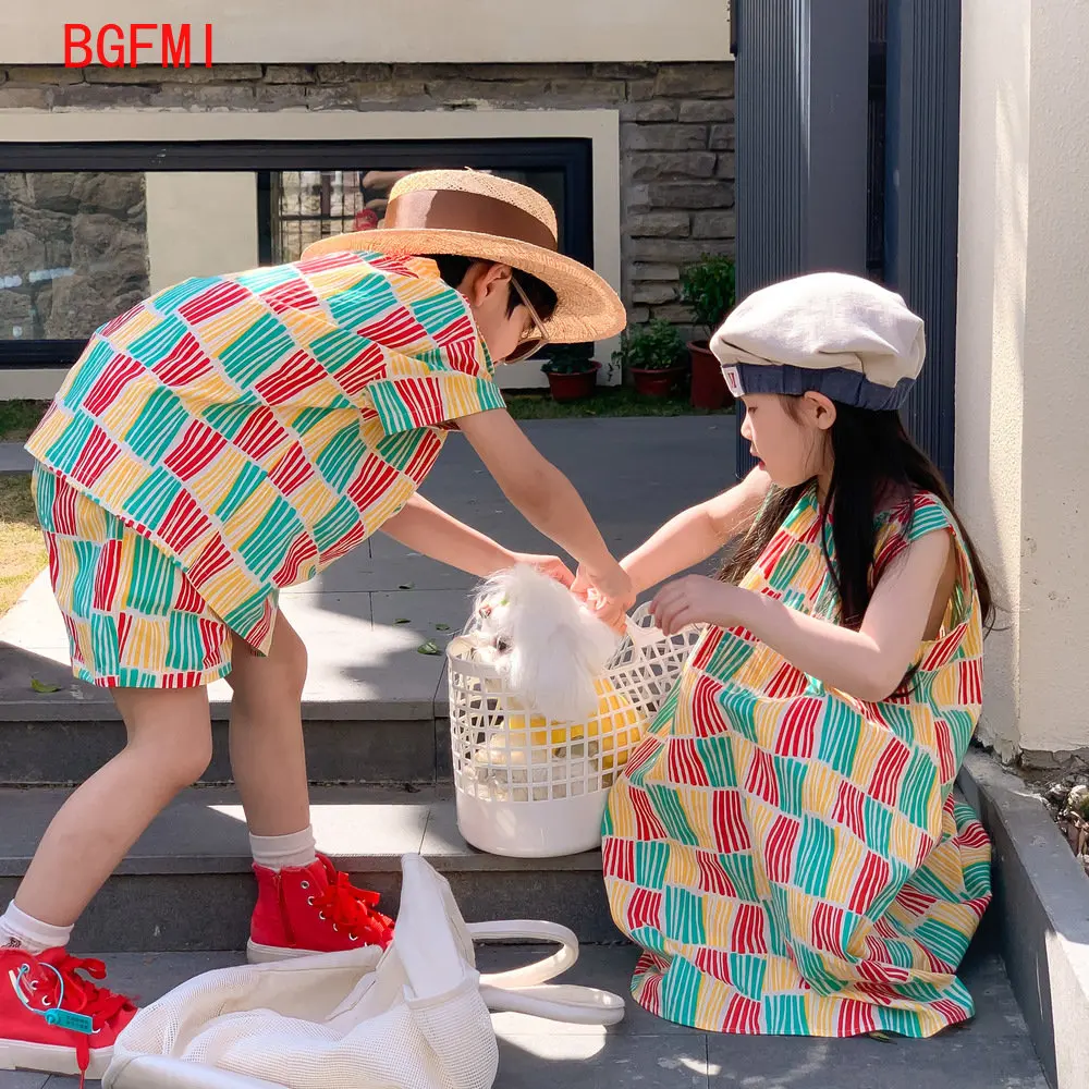 

Summer Brother and Sister Korean Kid Clothes Contrast Color Girls Dress Baby Boys Short-sleeved Shirt+Shorts Suit 2-10Y