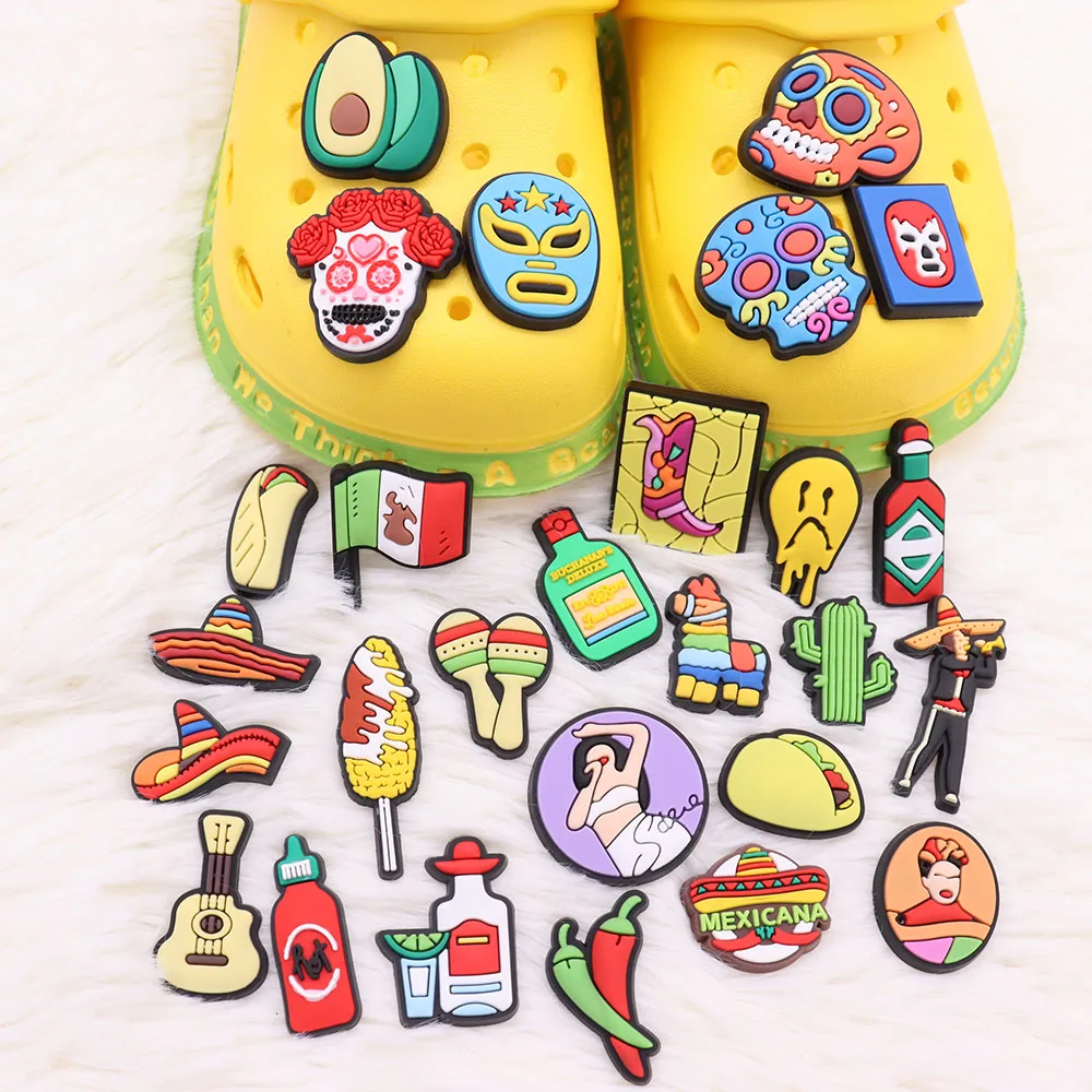 

Wholesale 50Pcs Food Mexicana Flag Drink Chicken Rolls Skull PVC Shoe Charms Decoration Buckle Clog DIY Wristbands Croc Jibz