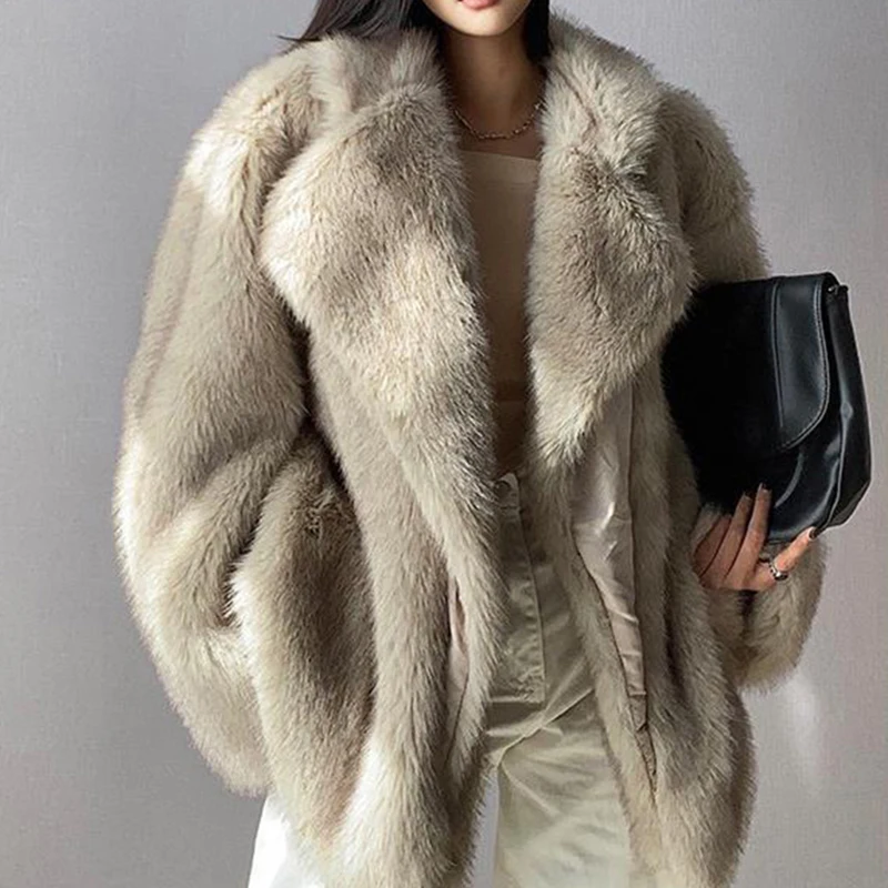 Faux Fox Fur Coat Women 2022 New Winter Warm Cardigan Jacket Lambswool Mid-Length Lapel Loose Plush Coat Oversized Teddy Jacket images - 6