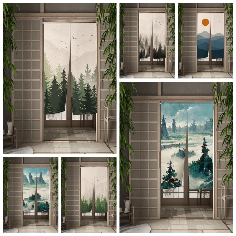 

Japanese Noren Misty Forest Door Curtain Watercolor Foggy Jungle Trees Doorway Curtain Art Linen Hanging Half-curtain Room Decor