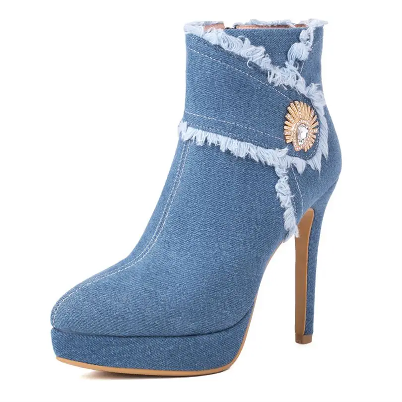 

Женские джинсовые ботильоны, зимние привлекательные полусапожки на тонком высоком каблуке и платформе, размер 45, на молнии, элегантная женская обувь с острым носком, Прямая поставка, 2023