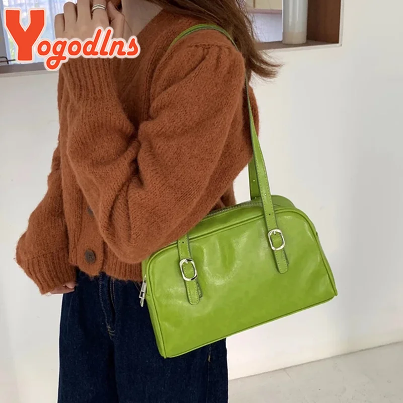 

Spring New Green Shoulder Bag For Women PU Leather Underarm Bag Fashion Lady Totes Bag Solid Color Armpit Handbag Purse