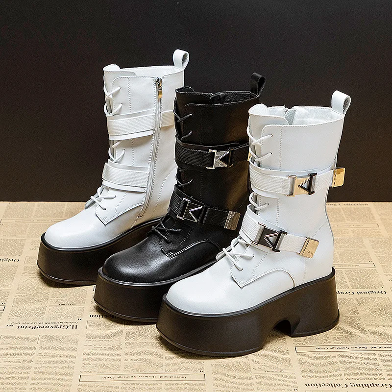 

Сапоги до колена на танкетке 11 см из натуральной кожи с металлическим украшением, женская теплая плюшевая обувь на молнии для осени и зимы