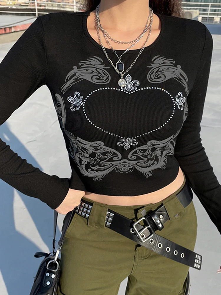 

y2k rhinestones Tops Graphic T Shirts Vintage Aesthetic Clothes Slim Long Sleeve Top women Fairy Grunge crop top gothic clothes