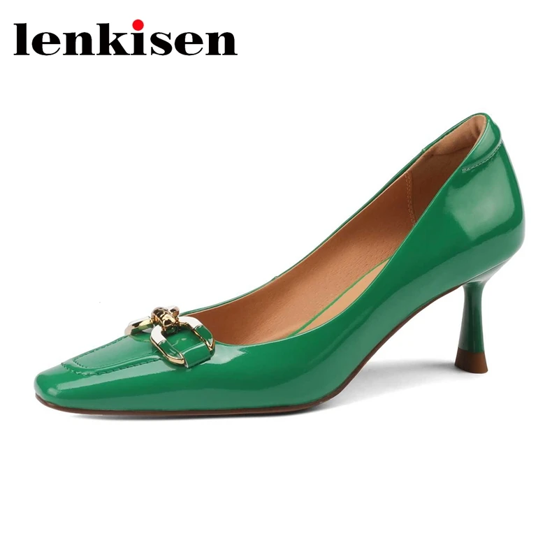 Lenkisen early spring sheep patent leather square toe stiletto high heels metal decorations mature three colors women pumps L61