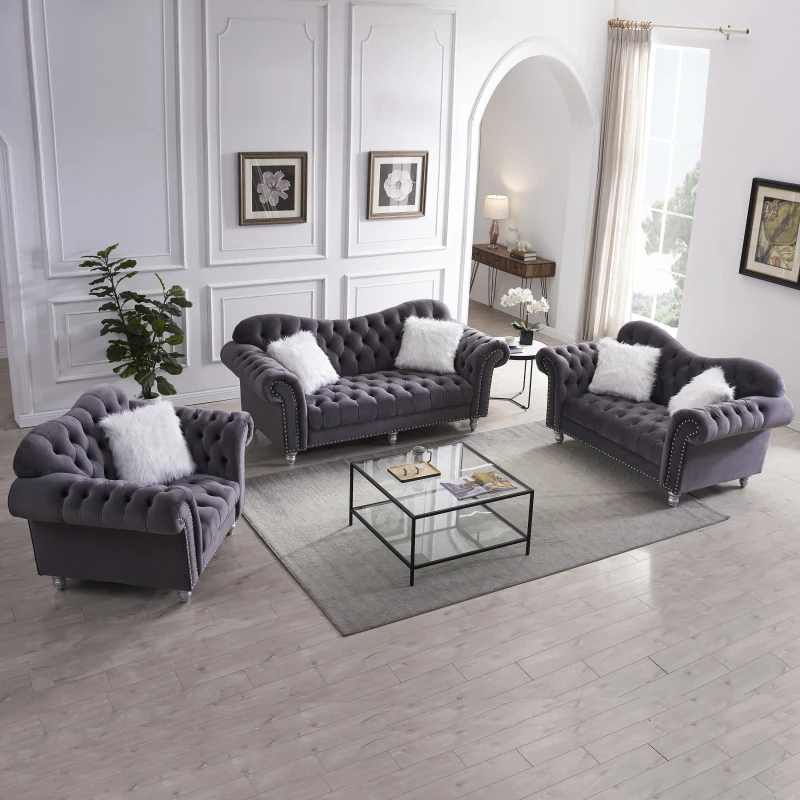 

3-Piece Sofa Set Pv Leather Including Three-Seater Sofas Two-Seater Sofa With Armrests , Backrest Buttons And Copper Nail Gray