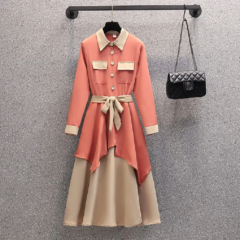 

Large Size Women Midi Dress Spring 2022 Turn-down Collar Long Sleeve Patchwork Fake Two Piece Loose Shirt Dresses