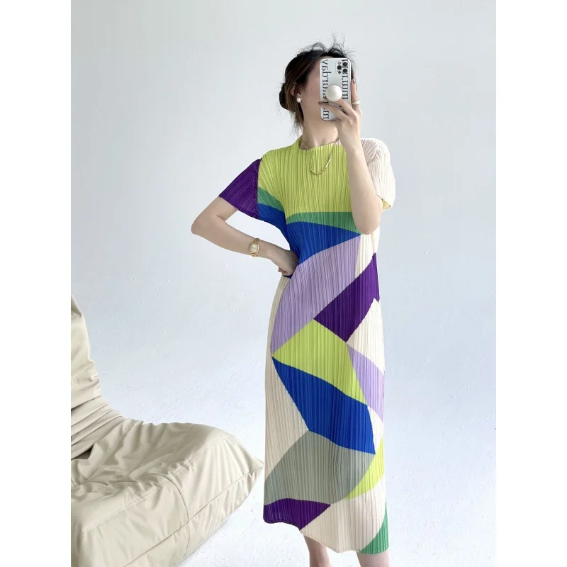 

Miyake Pleated Summer New High-Grade Fashionable Printed Short-Sleeved Dress Women's Elegant Slim-Fit Midi Dress [92088]