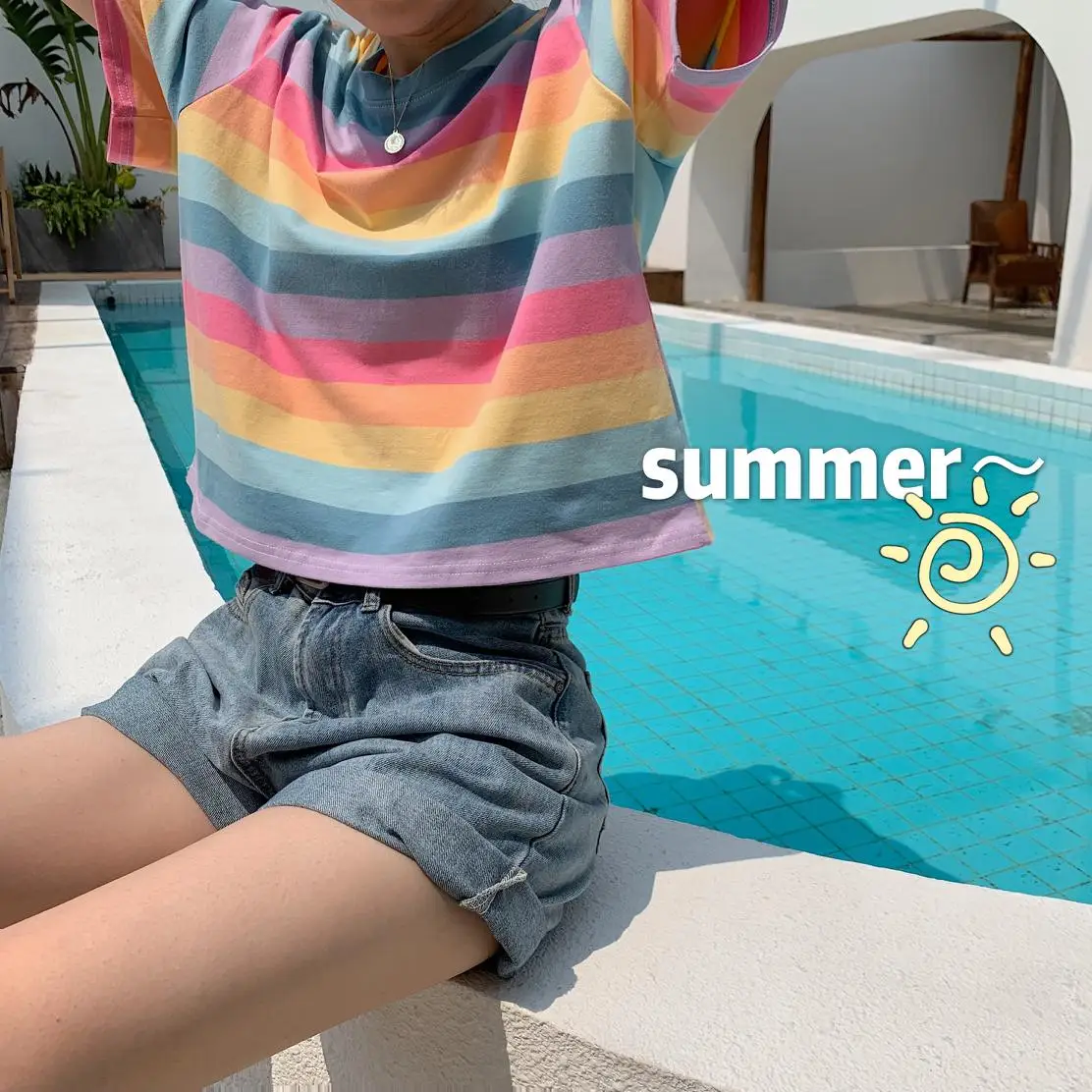 

Make firm offers testing new summer Xuan elegant rainbow stripes short sleeve T-shirt female brief paragraph