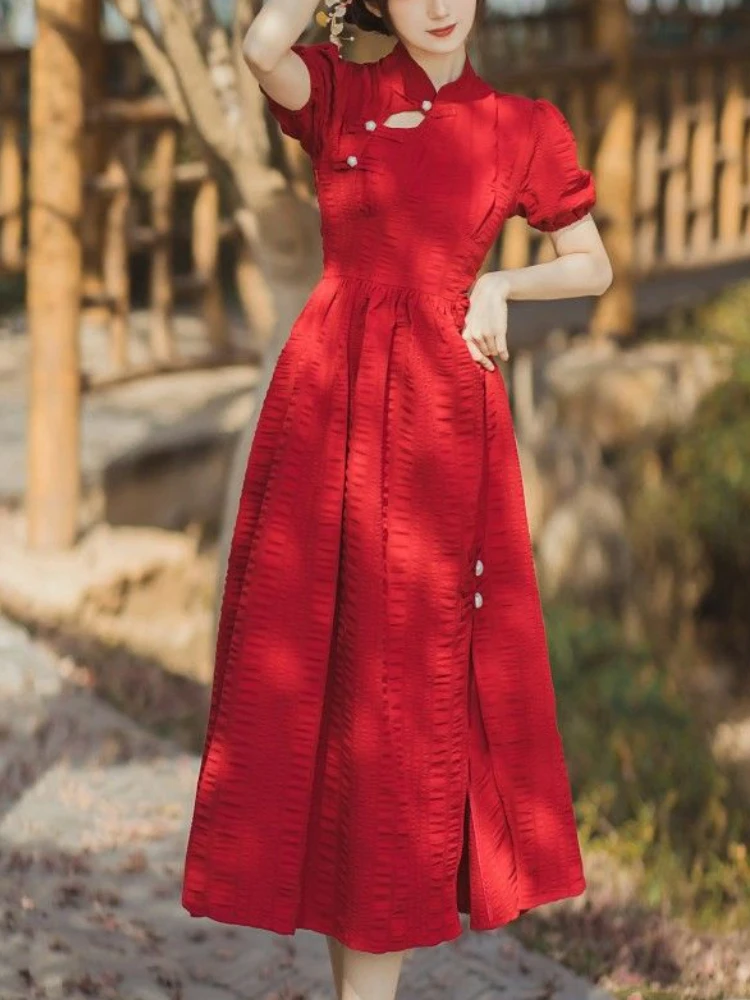 

Vintage Elegant Red Dress Women Hollow Out Sexy Cheongsam Long Split Dress Female 2022 Summer Court Retro Evening Party Dresses