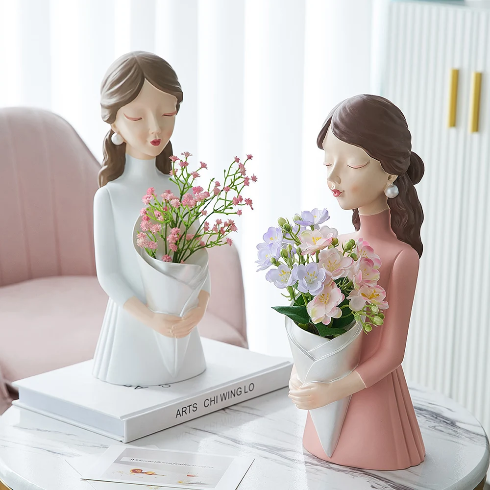 

Modern Decorative Artificial Flower Vase Art Bride Sculptures Interior Home Resin Ornaments Household Decoration Vases Container