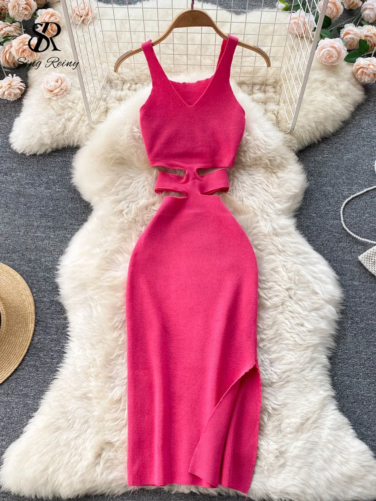 SINGREINY летнее вязаное сексуальное платье на бретелях для женщин открытая
