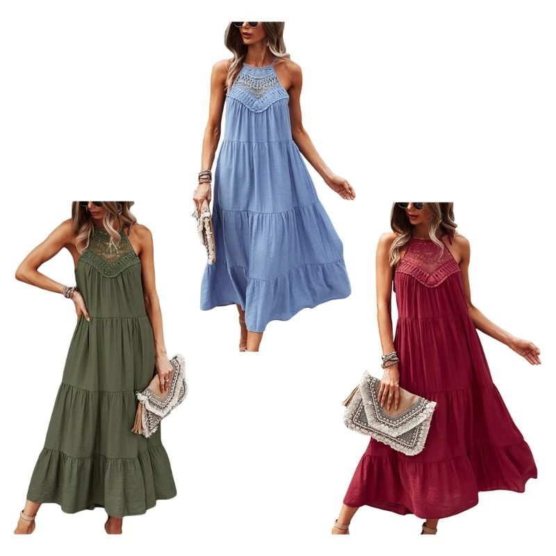 

Женское богемное платье без рукавов, повседневное длинное пляжное платье на бретелях-спагетти с квадратным вырезом