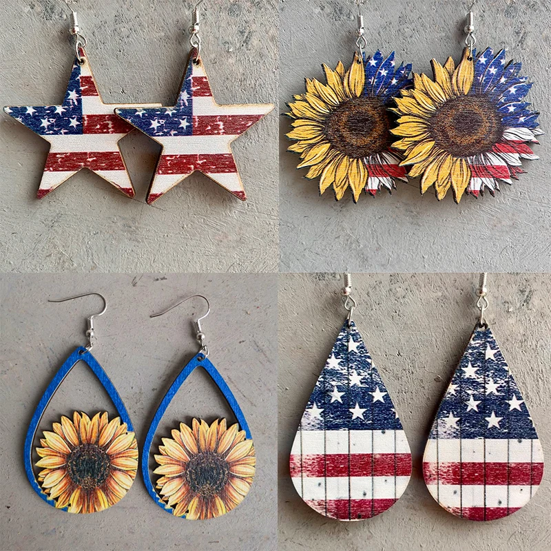 

Hot Independence Day Earrings Star Stripe Flag Sunflower American Festival Cross Parade Decorative Leather Earrings Ornaments