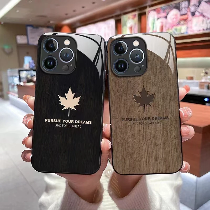 

New Type for iPhone 14 Wood Grain Maple Leaf Tempered Glass Phone Case 12 13promax Xsmax Xs Xr 7g 8plus 11pro Protection Cover