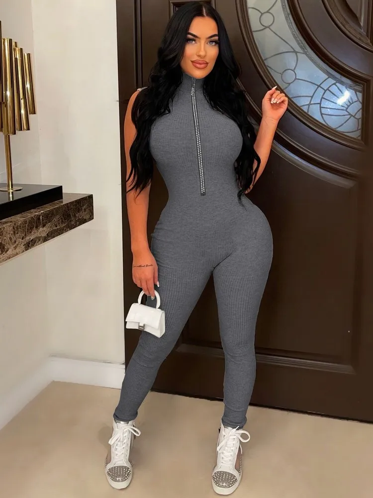 Turtleneck Sleeveless One Piece Overalls Activewear Solid Color Fitness Bodysuits Sexy Diamond Zipper Up Rompers Womens Jumpsuit