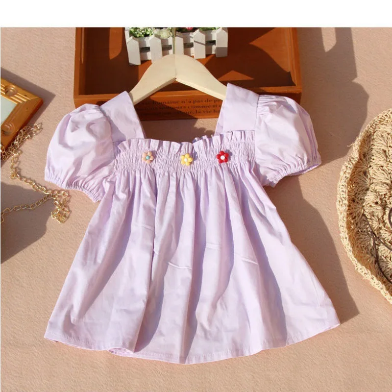 

Korean Version Summer Girl Top Sweet Lace Collar Shirt Princess Clothes Girls Puff Sleeves Children Fashion Clothing Shirt Top