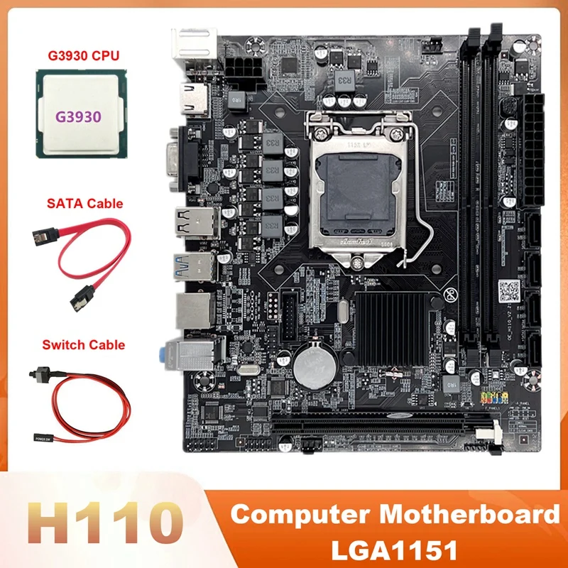 

HOT-H110 Computer Motherboard LGA1151 Motherboard Supports Celeron G3900 G3930 CPU With G3930 CPU+SATA Cable+Switch Cable